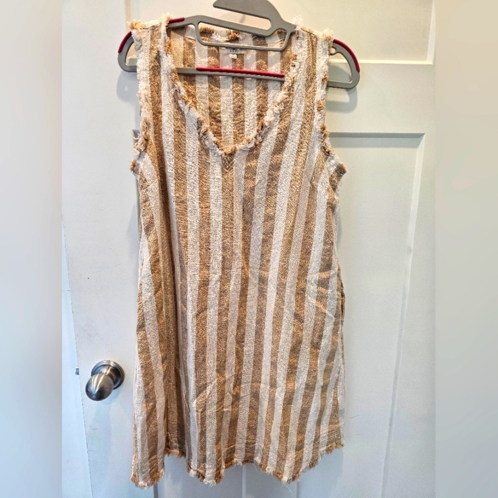 Umgee Tan & White Striped Sleeveless Dress Raw Edge Hem Size Small